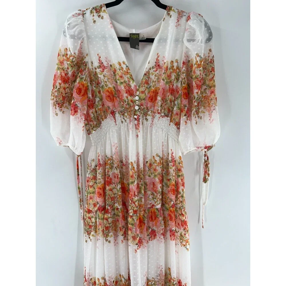 Women's Taylor Floral Striped Swiss-Dot Chiffon Cottagecore Maxi Dress Size 6 - Picture 3 of 8